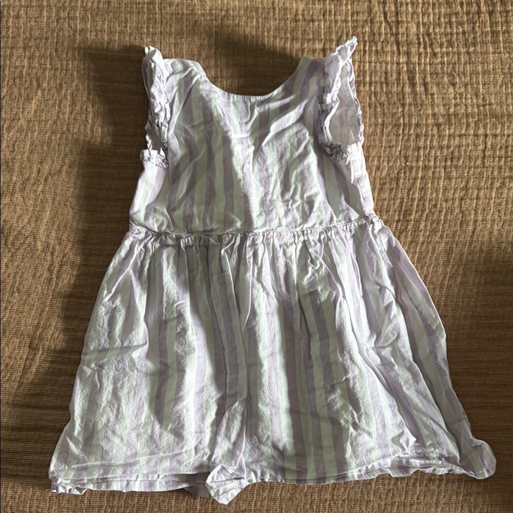 Light Purple & White Striped Ruffle-Sleeve Dress
